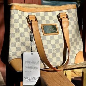 Authentic LOUIS Vuitton: Hampstead 
PM Tote, Damier Azur, White, France 2008